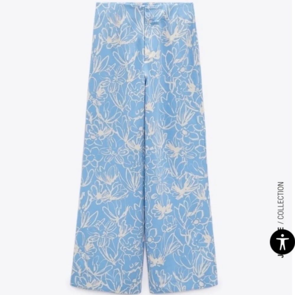 New Zara Full Length Floral Linen Blend High Waisted Blue/White Pants NWT Small